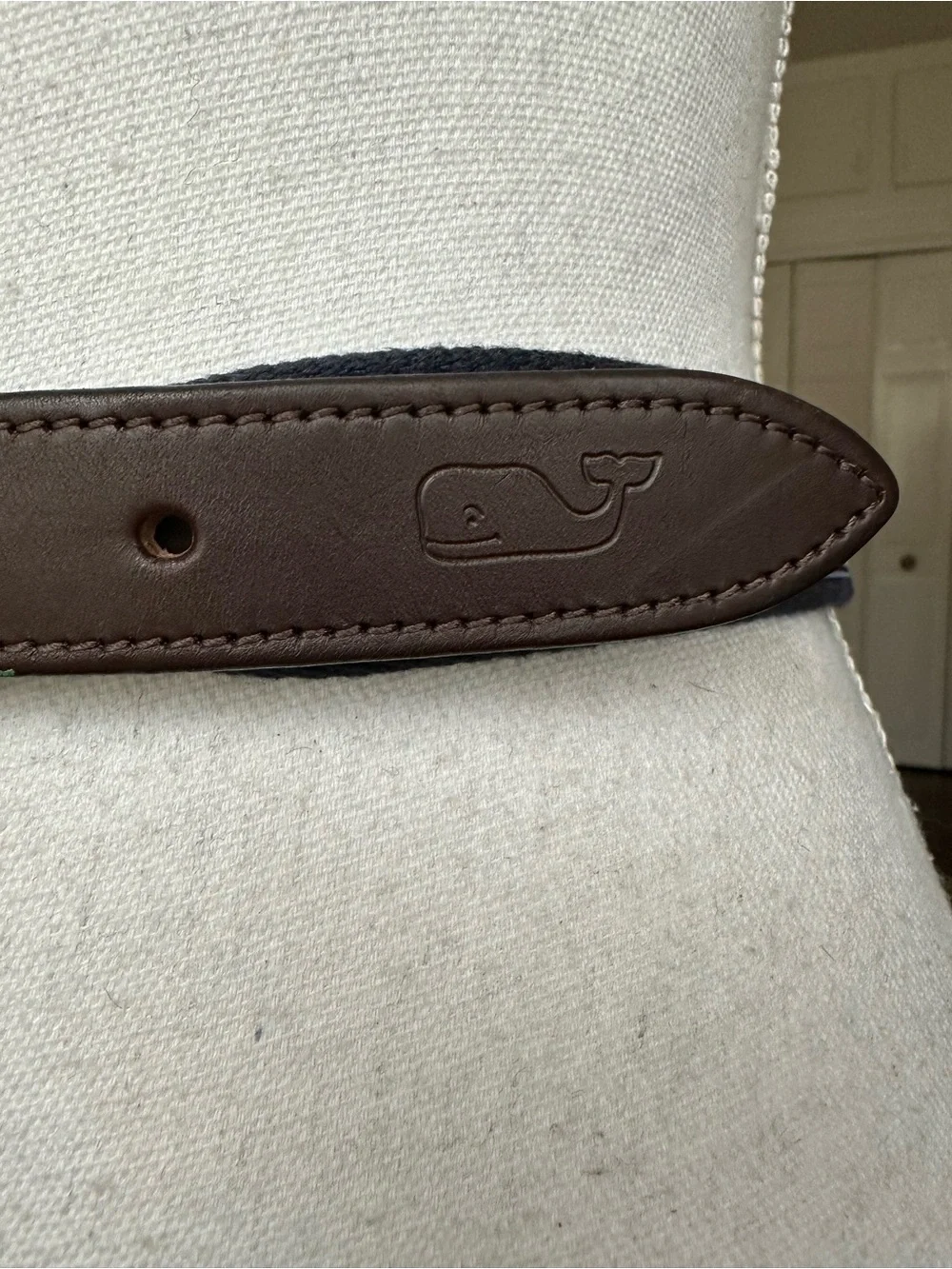 Vineyard Vines Navy Whale-Print Webbing Belt with Brown Leather Trim Size 30